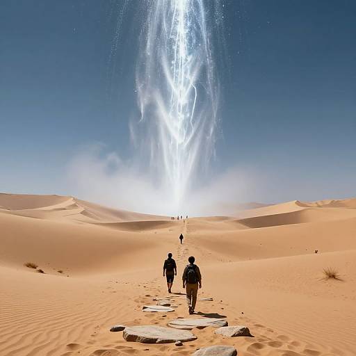 Photograph of two silhouetted figures walking on stone path in desert, with bright light beam descending from clear blue sky.