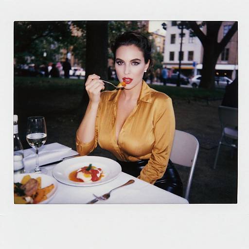 Photograph of a brunette woman in a yellow shirt, eating dessert at an outdoor table, with a glass of wine and a plate of food in the
