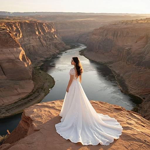 Photograph of a bride in a white lace wedding dress standing on a rocky cliff, overlooking a winding river through a vast, sunlit canyon landscape at