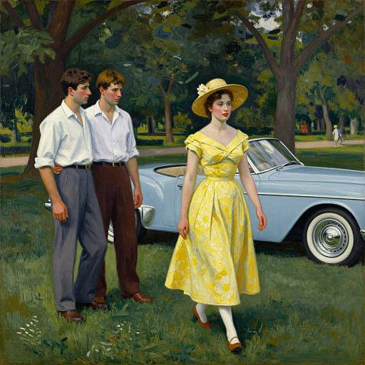 Vintage-style painting of a 1960s couple in white shirts and gray pants, standing beside a yellow-dressed woman with a hat, in front