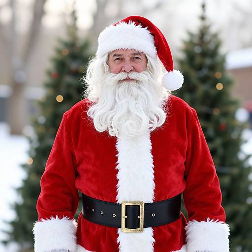 Photograph of a smiling elderly white Santa Claus with a long white beard, red velvet suit with white trim, black belt, and red hat, standing