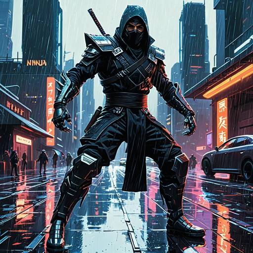 Futuristic Ninja Battle on Rainy Rooftop