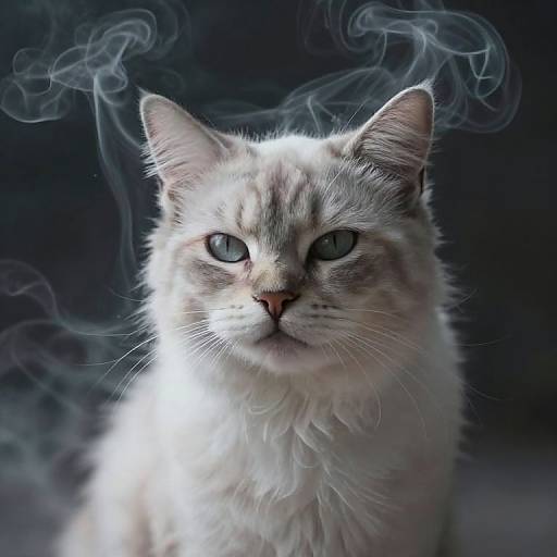 Photograph of a white, fluffy cat with blue eyes and pink nose, surrounded by swirling white smoke, against a dark blue background.