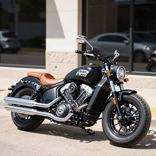 Photograph of a black Harley-Davidson motorcycle with orange seat, chrome exhaust, and black tires, parked on a sunlit urban street.