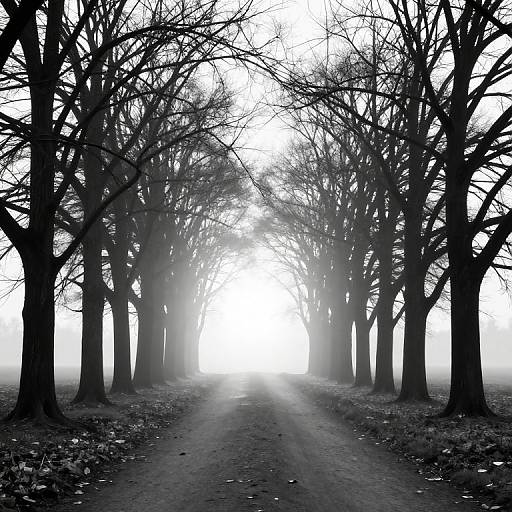 Black-and-white photograph of a foggy forest path lined with bare, leafless trees, creating a symmetrical, eerie tunnel effect.