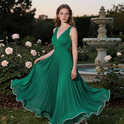 Photograph of a fair-skinned woman with brown hair in a green, sleeveless, V-neck, floor-length gown, standing in a garden with
