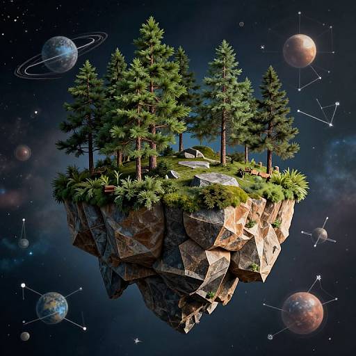 Digital artwork of a floating island with pine trees, grass, and rocks in space, surrounded by planets, rings, and constellations.