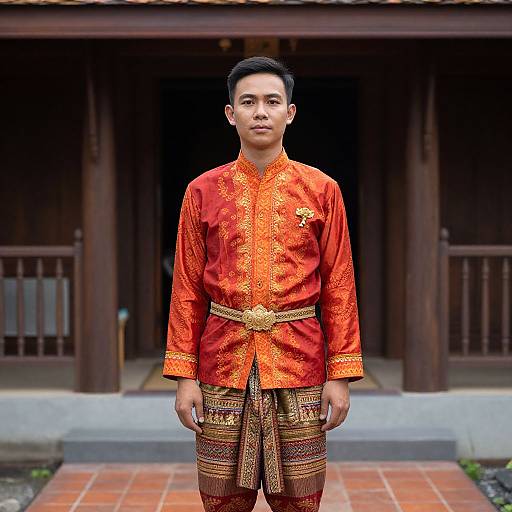 Photograph of an Asian man in vibrant red and gold traditional Thai attire, standing in front of a wooden building.