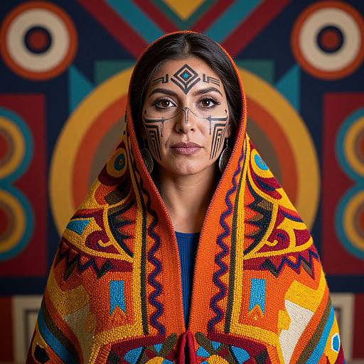 Photograph of a South Asian woman with dark hair, adorned in a vibrant, patterned orange and yellow shawl, and intricate black facial markings,