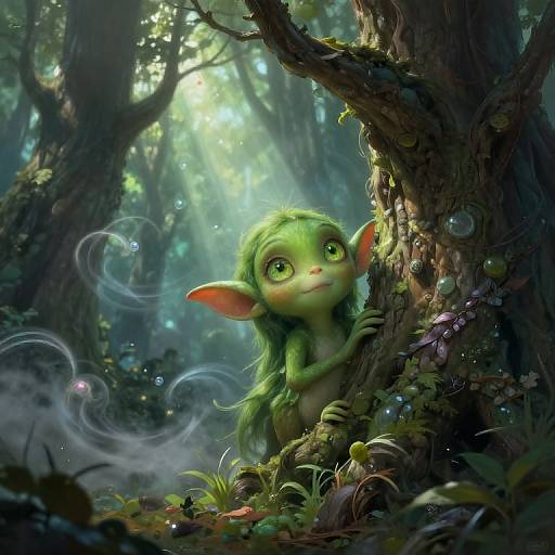 Playful Green Sprite in Enchanted Forest