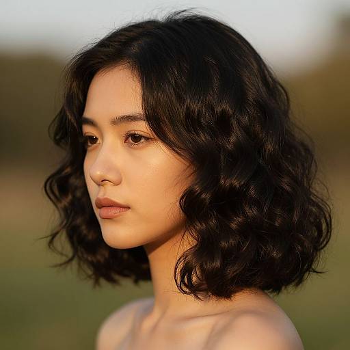 Photograph of an Asian woman with wavy black hair, soft natural light highlighting her face, neutral expression, blurred green background.