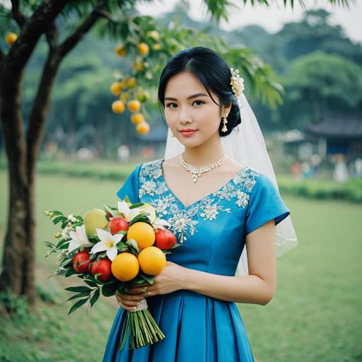 Vietnamese Bride in Traditional Blue Dress Holding Fruit Bouquet