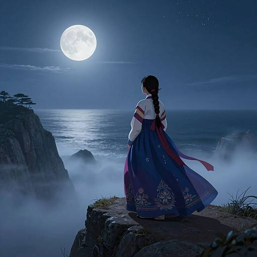 Digital artwork of a Korean woman in a traditional hanbok, standing on a cliff at night, gazing at a full moon over the ocean with