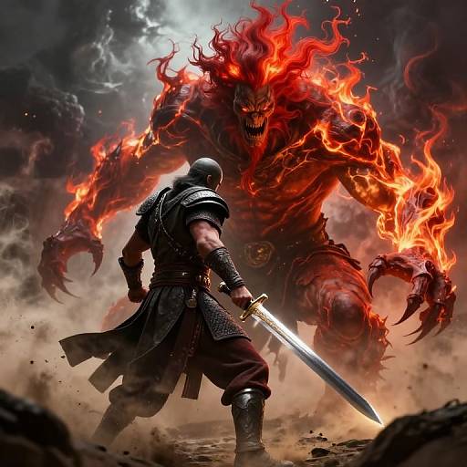 Epic fantasy battle: armored warrior with helmet and sword faces towering, fiery red demon with glowing eyes and claws, amidst smoke and dust. Digital art
