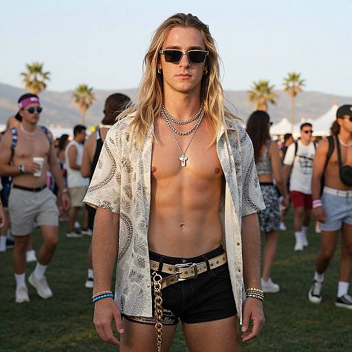 Photograph of a toned, blonde-haired man with long hair, wearing sunglasses, an open white shirt, black shorts, and multiple necklaces, standing