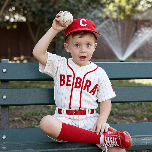 Photograph of a young boy with blue eyes, wearing a red baseball cap and white pinstripe 