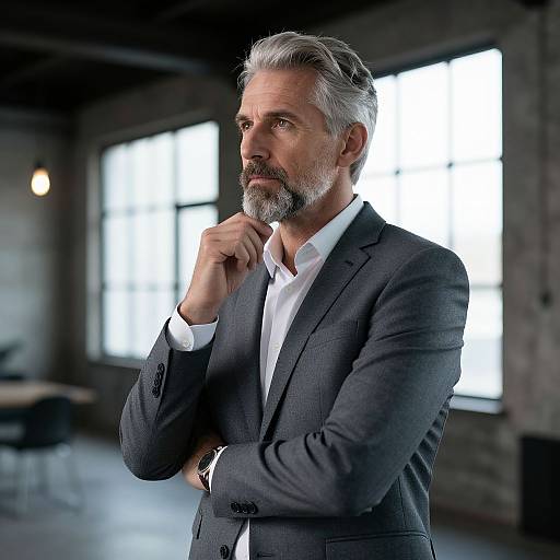 Photograph of a mature, gray-haired man with a beard, wearing a dark gray suit and white shirt, standing thoughtfully in a brightly lit,