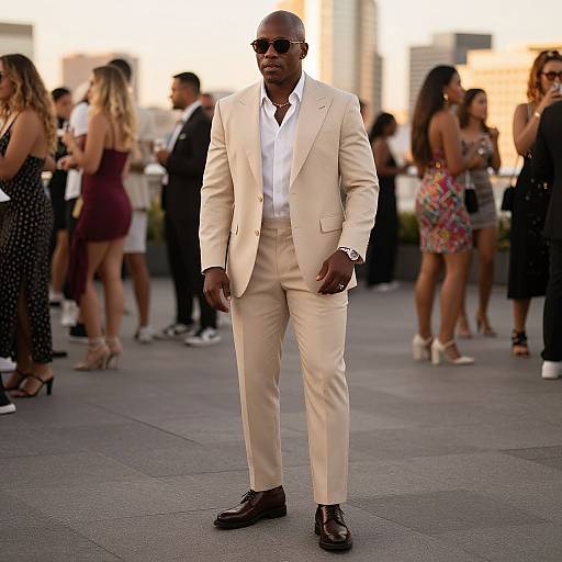 Photograph of a tall, muscular Black man in a beige suit, white shirt, and black shoes, walking confidently through a sunlit outdoor party with