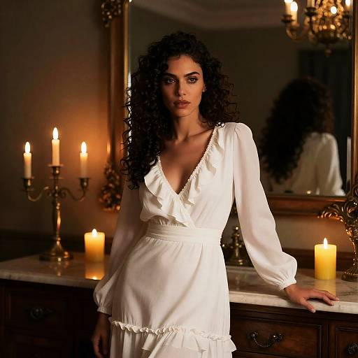 Woman in White Ruffled Dress by Candlelight