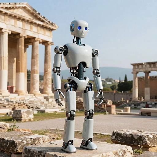 Photograph of a white, humanoid robot with blue eyes standing in front of ancient Greek ruins, featuring tall columns and a clear blue sky in the background