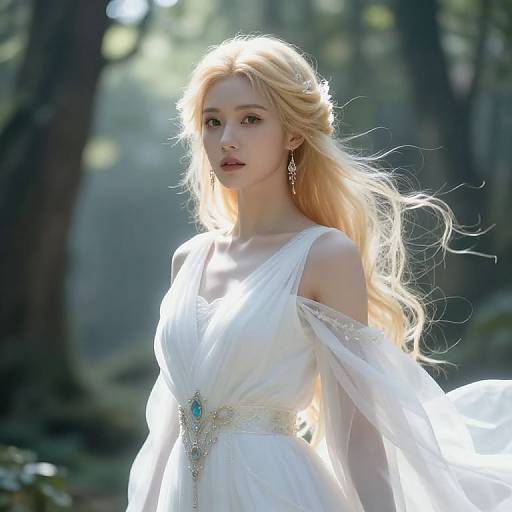 Photograph of a blonde woman with fair skin, wearing an ethereal white off-shoulder dress with a blue gemstone belt, standing in a