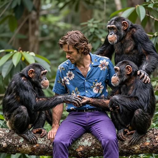Man Among Chimpanzees in Lush Foliage