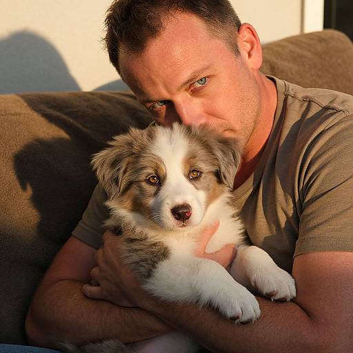 Photograph of a man with short brown hair, wearing a brown t-shirt, holding a fluffy, blue-eyed, white and gray puppy on a brown