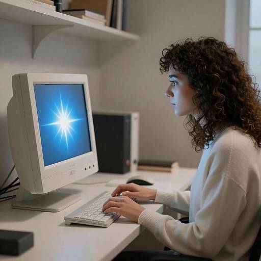 Woman Typing by Retro Curved Monitor