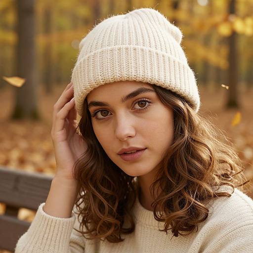 Photograph of a young woman with wavy brown hair, wearing a white knitted beanie and cream sweater, sitting in an autumn forest with golden