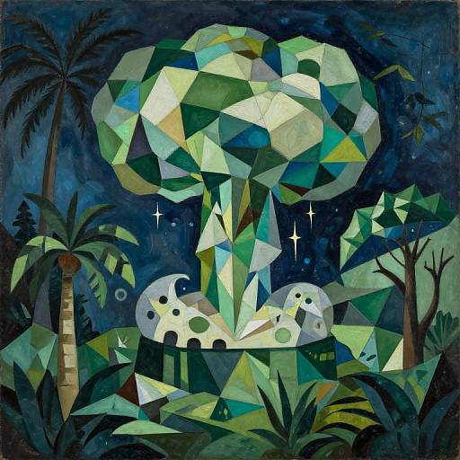 Geometric, digital art of a night jungle with a large, faceted, glowing mushroom, two spotted creatures, palm trees, and stars.
