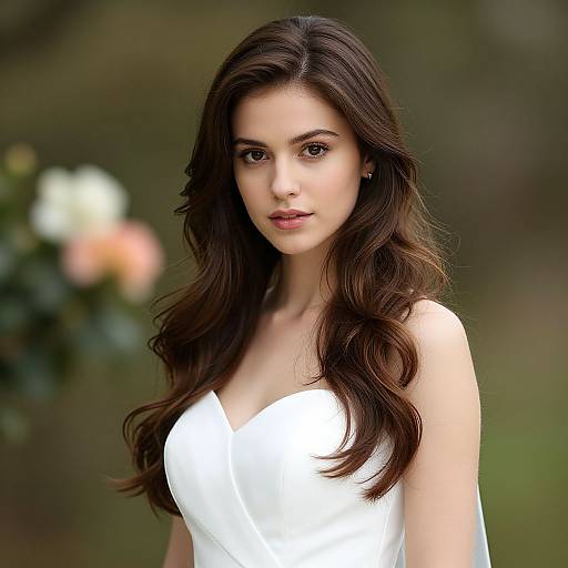 Photograph of a young woman with long, wavy brown hair, wearing a white, V-neck dress, standing against a blurred green and floral background