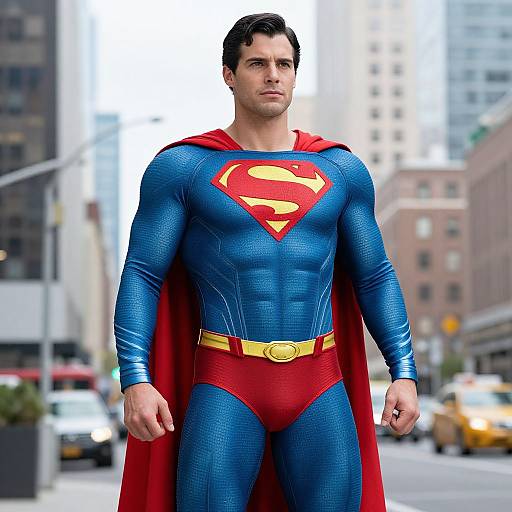 Photorealistic CGI of a muscular Superman with blue, textured suit, red cape, and yellow belt, standing confidently in a city street.
