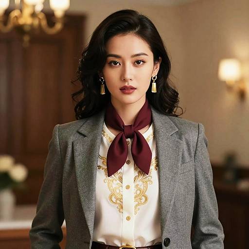 Photograph of an Asian woman with wavy black hair, wearing a gray blazer, white shirt with gold embroidery, maroon scarf, and gold