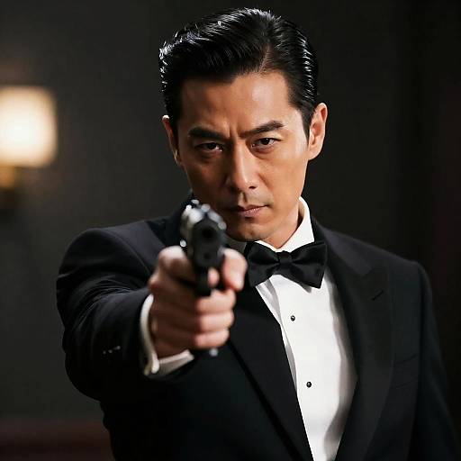 Intense Man with Handgun in Tuxedo