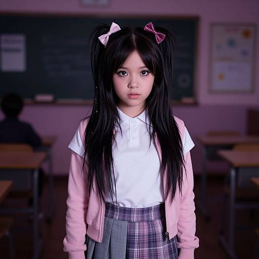 Digital anime-style photograph of a young Asian girl with long black hair, pink bows, white shirt, pink cardigan, and plaid skirt, standing