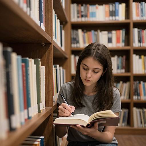 Photograph of a young woman with long black hair and fair skin, wearing a gray t-shirt, reading and writing in a library with wooden booksh