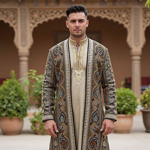 Photograph of a handsome Middle Eastern man with short black hair, wearing an ornate, patterned long coat over a gold embroidered tunic, standing