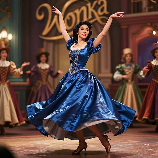 Photograph of a fair-skinned woman with black hair, wearing a blue, Victorian-style ball gown, dancing on stage with 