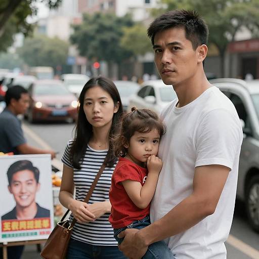 Family Moment on a Bustling Street