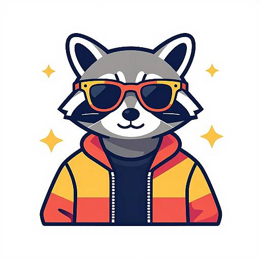 Cartoon raccoon with gray fur, white face, red sunglasses, and orange-yellow jacket, smiling confidently against a white background with yellow sparkles.