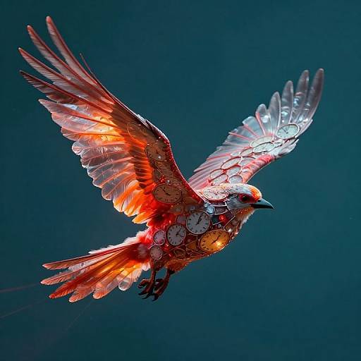 Photograph of a vibrant, red and orange bird with glowing, clock-patterned feathers mid-flight against a dark blue background.