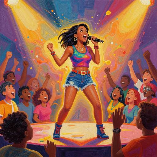 Vibrant digital artwork of a black woman with long hair, wearing a colorful tank top and denim shorts, passionately singing into a microphone on a stage