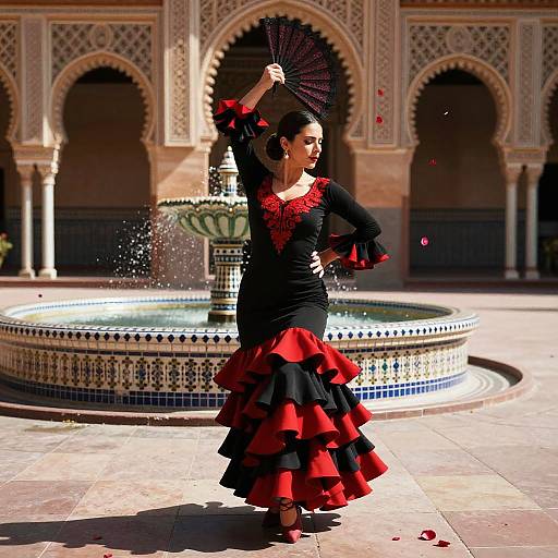 Photograph of a woman in a black and red ruffled flamenco dress, fan in hand, dancing in a sunlit courtyard with an ornate