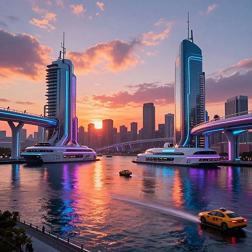 Futuristic New York Harbor at Sunset