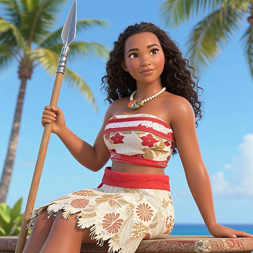 Digital artwork of a dark-skinned, curly-haired woman with brown eyes, wearing a red and white floral tube top and skirt, holding a spear,