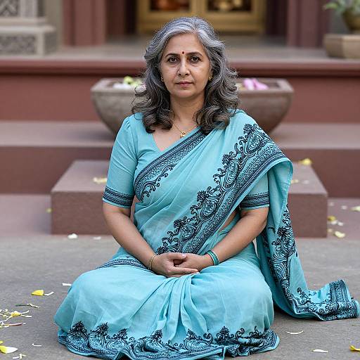 Photograph of an Indian woman with gray hair, wearing a light blue saree with black floral patterns, seated outdoors on steps. Background includes blurred architectural
