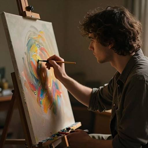 Photograph of a young man with curly brown hair, wearing a grey shirt, painting a vibrant abstract circular design on an easel.
