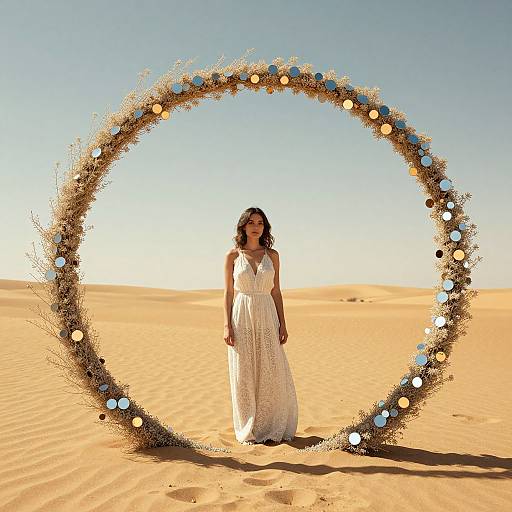 Photograph of a woman in a white, lace, sleeveless dress standing in front of a circular, decorated, desert sand frame with blue and gold