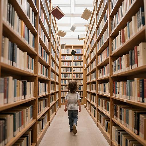 Photograph of a child with curly hair, wearing a striped shirt and jeans, walking down a long library aisle with wooden bookshelves filled with books