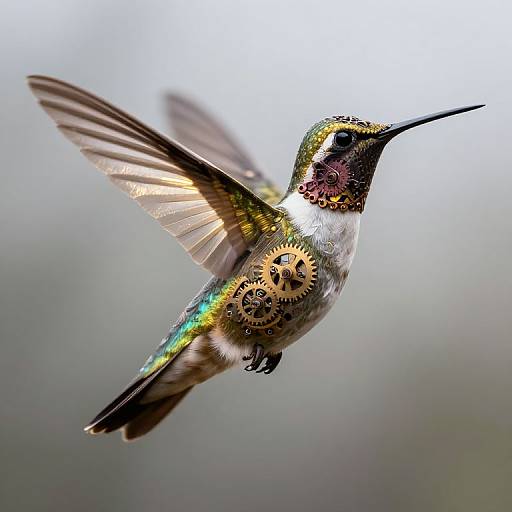 Photograph of a vibrant hummingbird in mid-flight, showcasing iridescent green, purple, and white feathers with visible gear-like patterns on its sides